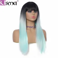 USMEI парик с длинными прямыми волосами с челкой черные челки с париком синтетические волосы парики для женщин термостойкие Омбре зеленые парики Косплей