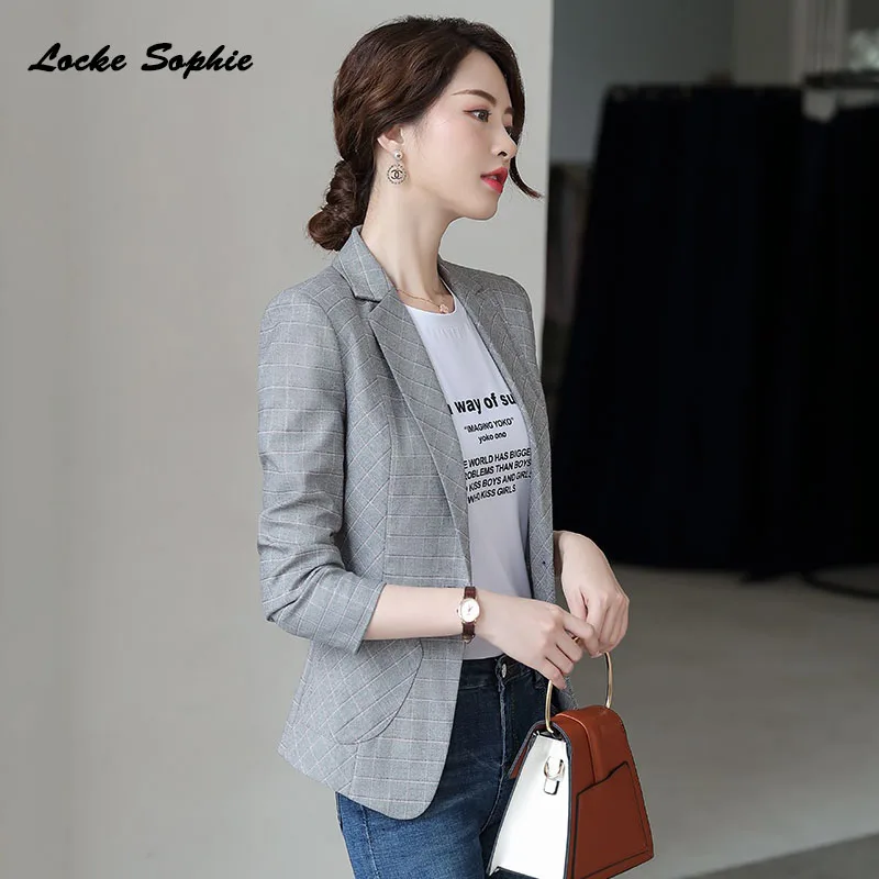 1pcs Women's Plus size Blazers coats 2019 Autumn Fashion cotton blend plaid Small Suits jackets ladies Skinny Blazers Suits
