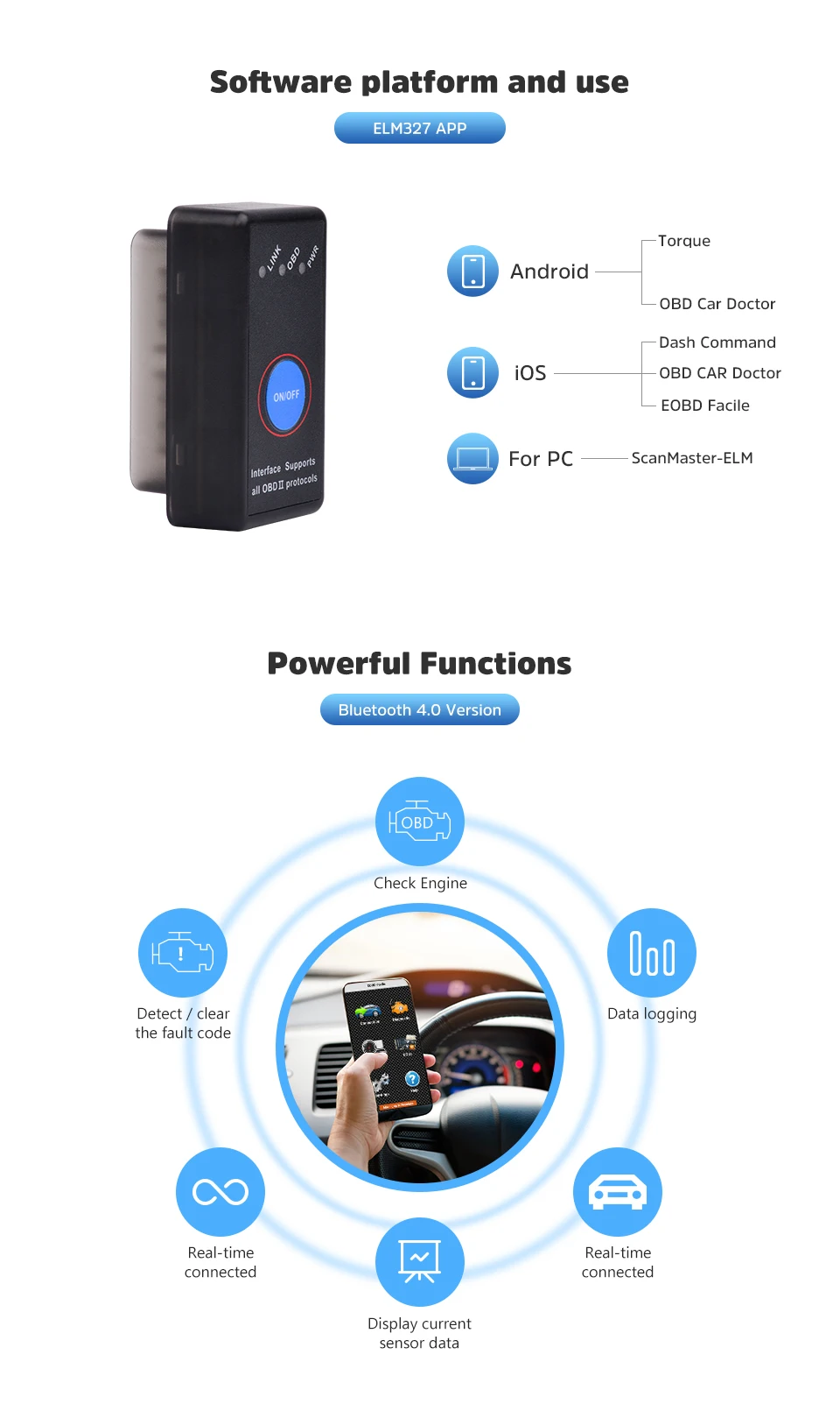 AOSHIKE ELM 327 V1.5 Bluetooth 4,0 OBD2 автомобиль Диагностические-инструмент сканер адаптер obd-ii с выключателем Bluetooth ELM327