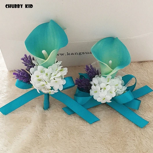 

10pcs/lot ! wholesale wedding groom groomsmen corsages Calla Lily boutonnieres bridal wrist flowers Bridesmaid hand flowers blue