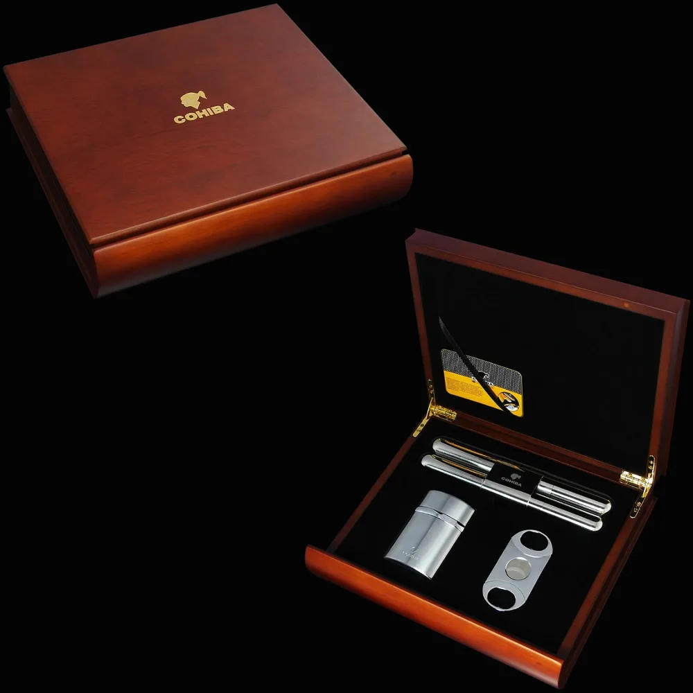 COHIBA Red Sandal Wood Cigar Humidor Cutter Lighter Tube Set W/Gift Box