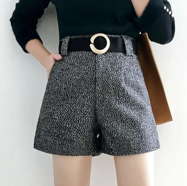 2018 Winter Women High Waist Woolen Shorts with Sashes Vintage Formal Wide Leg Winter Shorts Elegant Women Pants