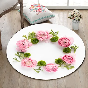 

Round Indoor Living Room Floor Area Rugs Children's Room Carpets Bathroom Non-Slip Cushion Door Mat Pink Flower And Green Leaves