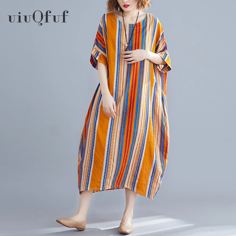 

Vintage Stripe Maxi Dress Casual Loose Summer Clothes For Women Elegant Pocket Vestidos Verano Mujer Yellow Fashion Long Dress