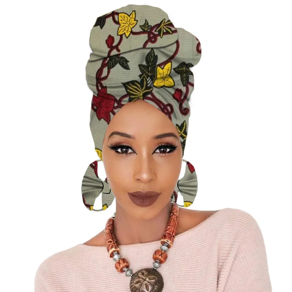 Print turban traditional African headscarf women headtie with earring (4)
