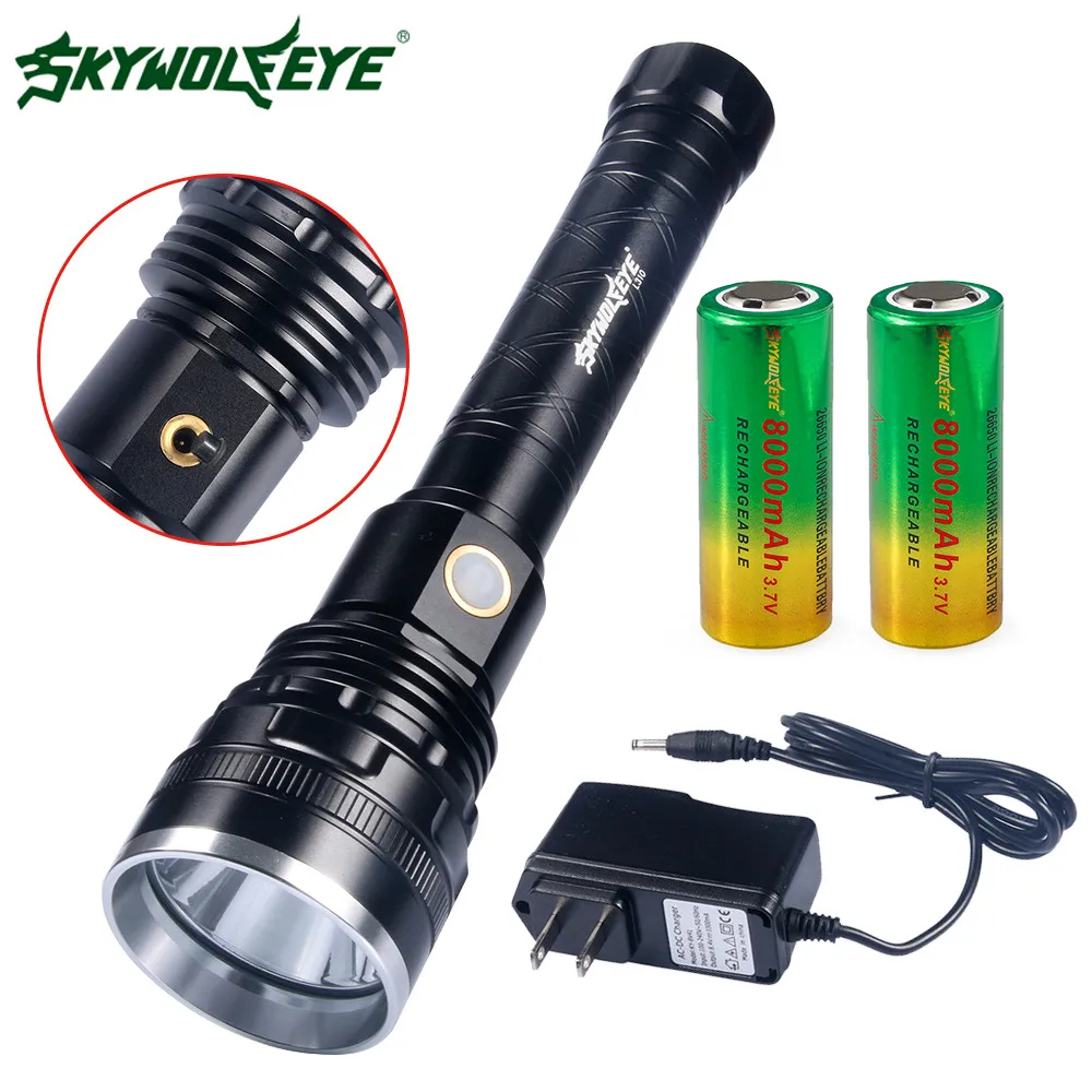 

SkyWolfEye Stepless Adjusted XH-P50 Aluminum Flashlight + 26650 Battery Rechargeable Waterproof Hard Light Black #5J23