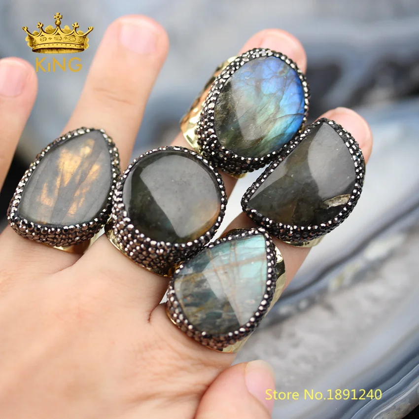 

5pcs Smooth Labradorite Solitaire Rings Jewelry,Random Shape sale Flash Labradorite Ring,Gold Copper Paved Rhinestone Rings YT36