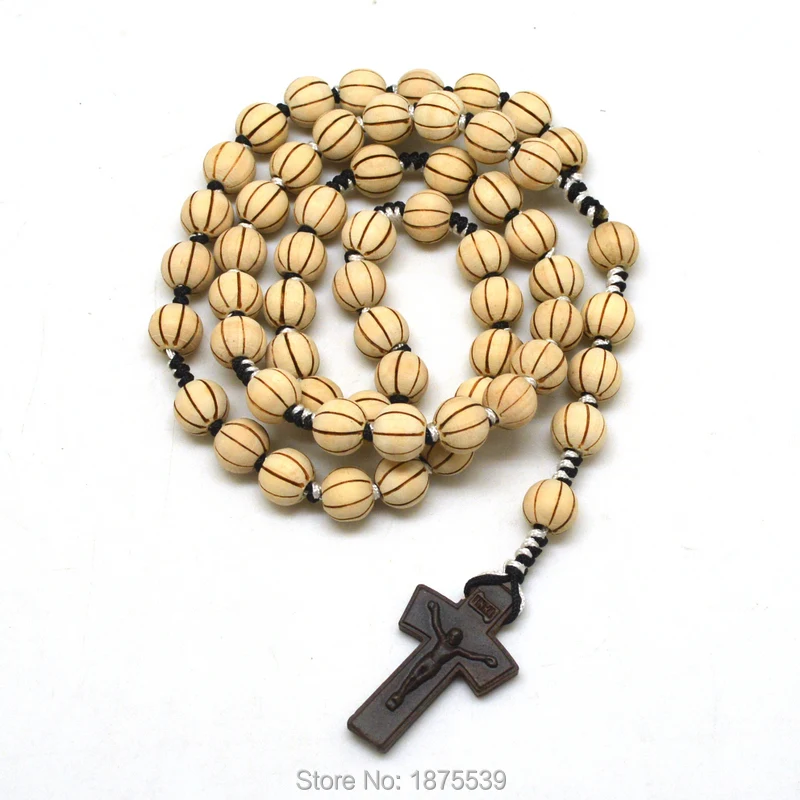 Fashion Carved Bead 12 mm Round Wood Bead Catholic Rosaries Necklace