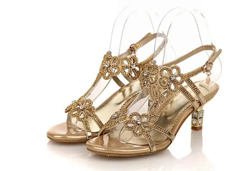 

2019 Summer Style Gold Coloured High Heeled Sandals Rhinestone Wedding Shoes Diamond Buckle Women Qualities NXX110