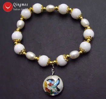 

Qingmos Trendy Jades and Natural Pearl Bracelets for Women with 10mm White Jades and White Rice Pearl & Cloisonne Bracelet 395
