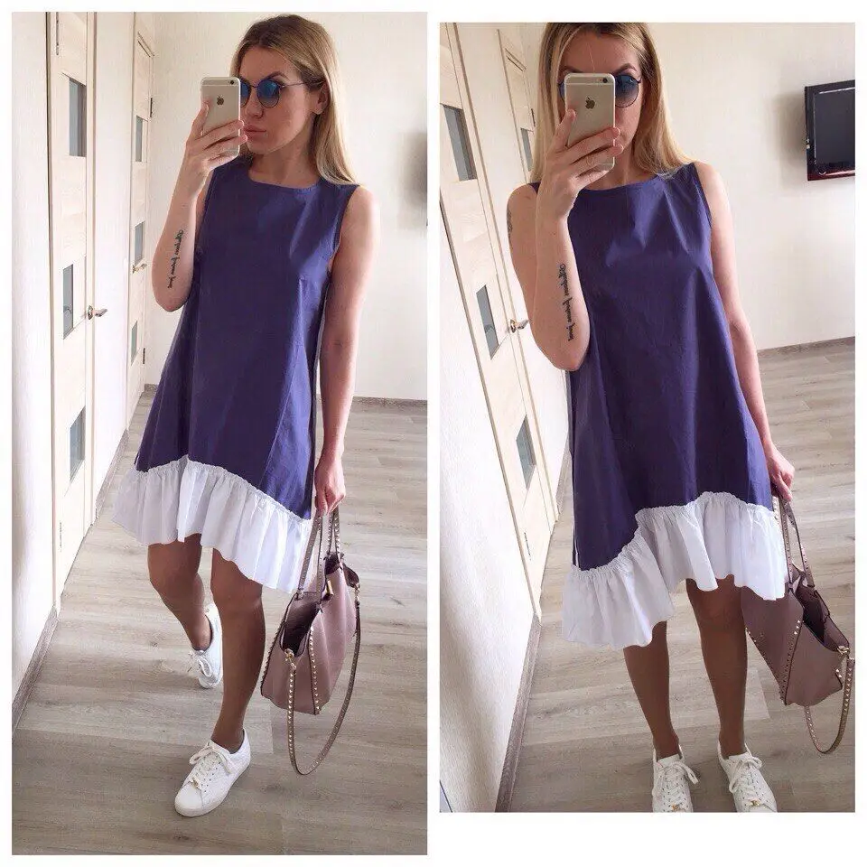 

Summer Dresses 2018 Casual Loose Patchwork Sleeveless Ruffles O-Neck Mini Dress Fashion Women Dress Vestidos