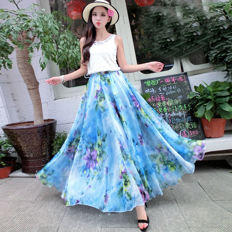 

2018 New Holiday Floral Print Maxi Plus Size Full Circle Chiffon Beach Bridesmaid Skirt Hawaii Holiday Beach Skirts