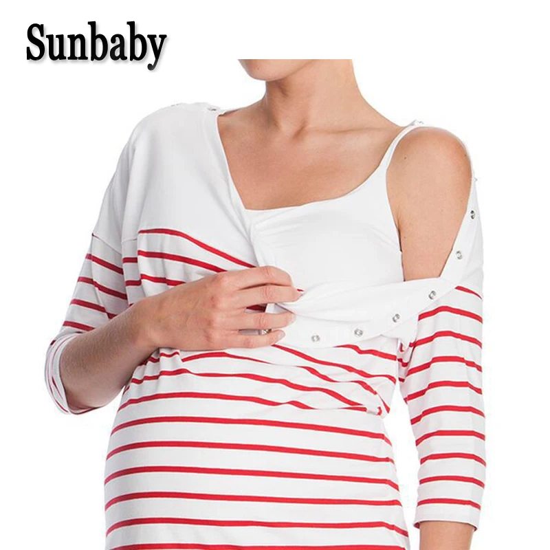 Sunbaby новый весенне-летний модный полосатый топ с пряжкой и полурукавами одежда