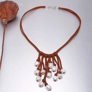 

DAIMI 9-10mm Baroque Pearl Necklace White Color & Leather best Christmas gift for woman