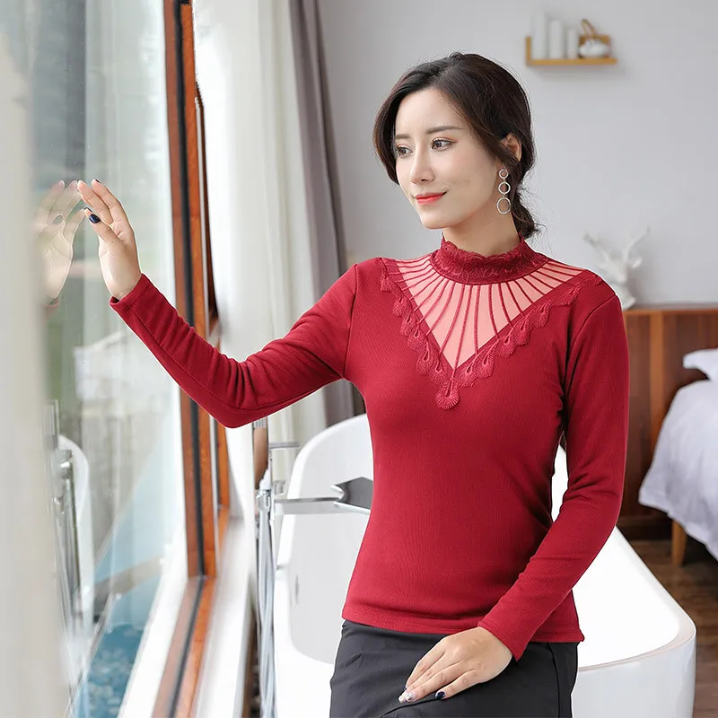 Black Turtleneck Lace Thermal Underwear For Women 3XL Plus Size Long