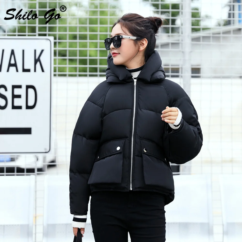 

SHILO GO Korea Hooded Collar women Casual Bakery jacket parkas Winter side big pocket black warm coat thicken bomber outwear