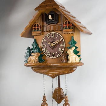 

Cuckoo Wall Clock Green Tree Rabbit Deer European Solid Wood roof Creative Living Room Pastoral Mute Timekeeping light control