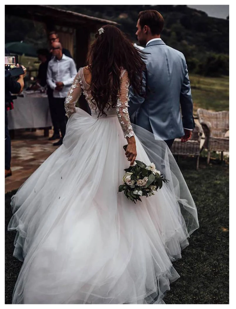 SOFUGE свадебное платье с длинными рукавами в стиле бохо Пышное Тюлевое платье с аппликацией кружевное ТРАПЕЦИЕВИДНОЕ Тюлевое винтажное свадебное платье