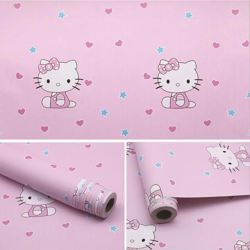 

Cute Lovely Pink Hello Kitty Wallpaper Waterproof Self Adhesive PVC Wallpapers Kids Rooms Baby Girls Bedroom Wall Paper EZ023