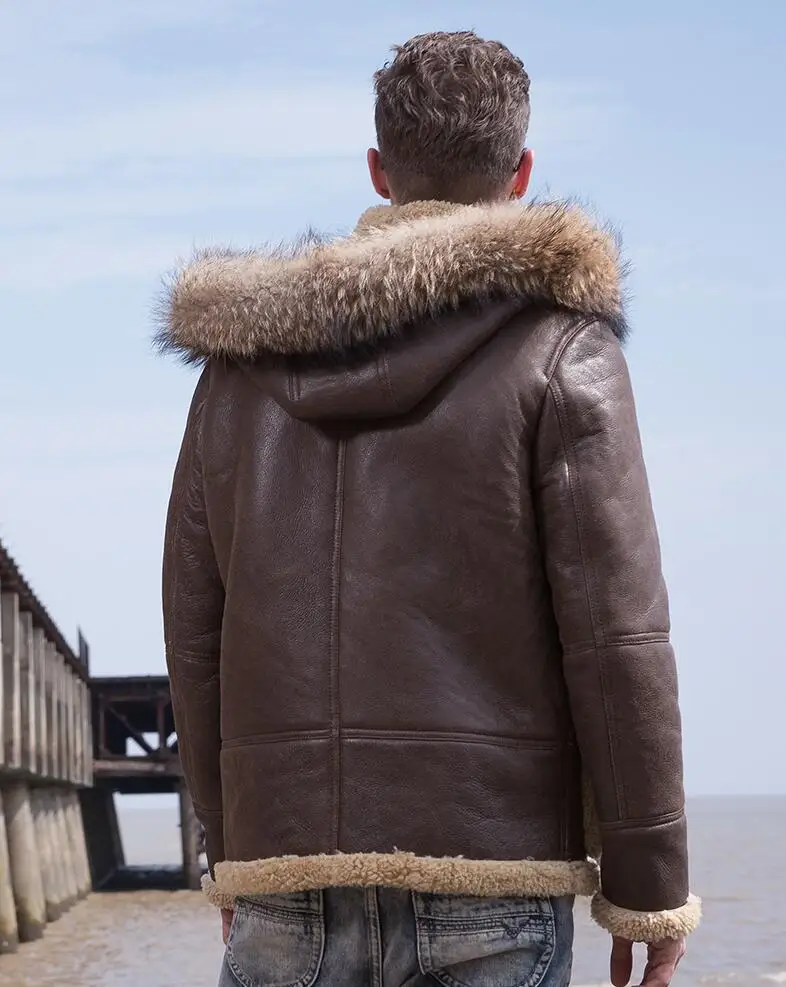 Мужское зимнее пальто из натурального меха енота, кожаная куртка, Мужское пальто из овечьей кожи, Коричневое Пальто chaquetas de cuero genuino para hombre