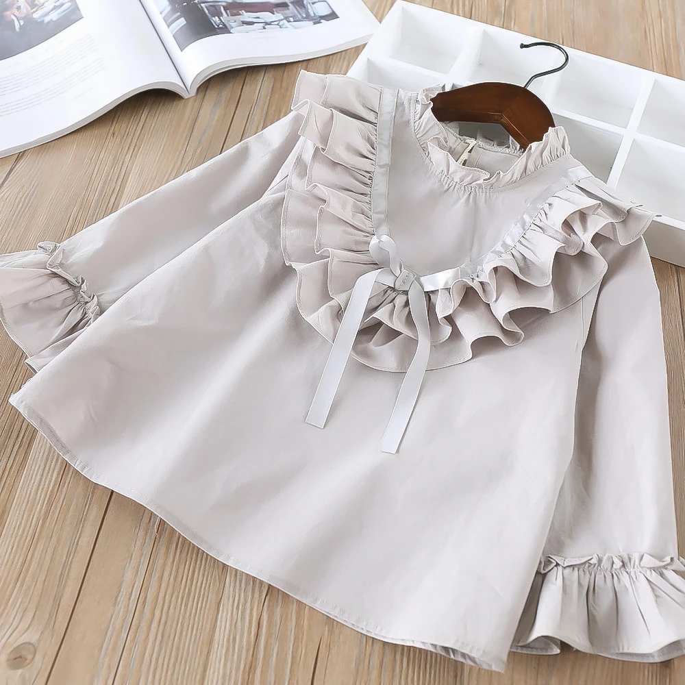 

Hurave elegant baby ruffles cute Solid blouses Girls Clothes Children full Sleeve shirts causal cotton lacing infant top