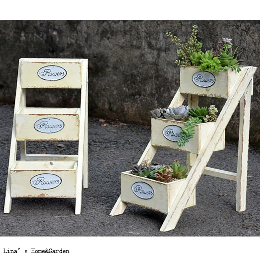 3 tier ladder style foldable shabby off-white wood flower stand designs (3)