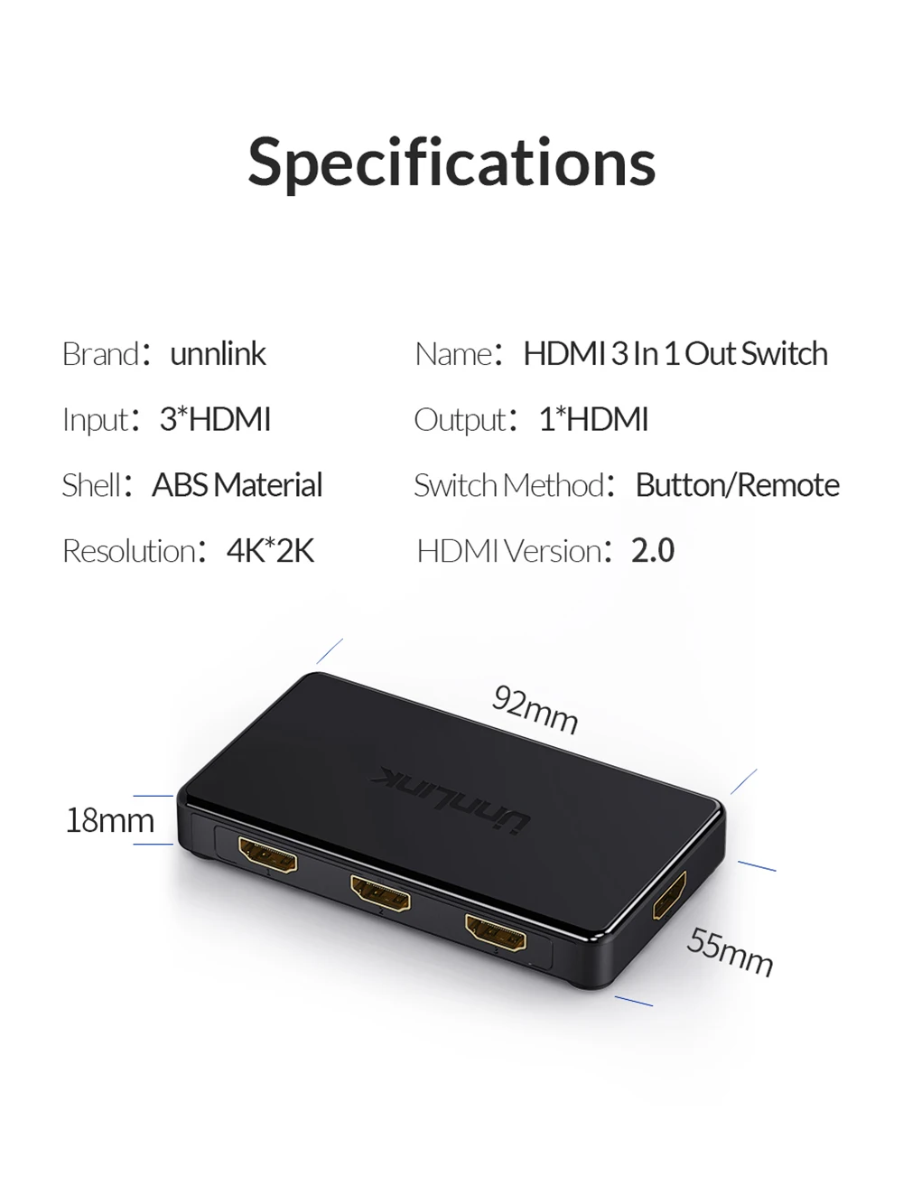 Unnlink HD mi Switch 3x1 5x1 HD mi 2,0 UHD4K@ 60 Гц 4:4:4 HDCP 2,2 HDR 3 в 1 выход для smart tv mi box3 ps4pro xbox one xs проектор