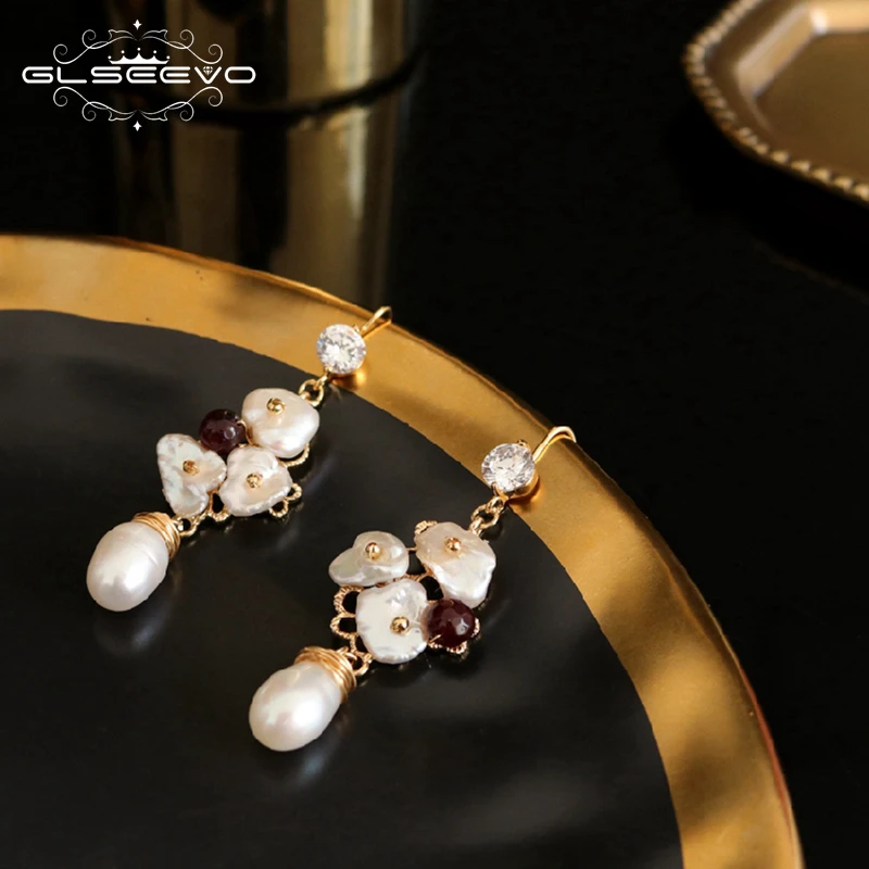 GLSEEVO пресной воды белый Baroque Pearl Drop Earrinhgs для Для женщин Wededing часть подарок Длинные Висячие Серьги Fine Jewelry GE0654