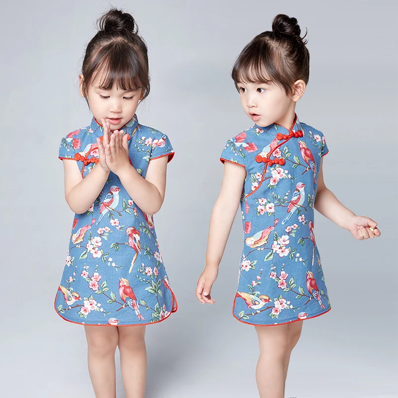 

2018 winter baby girls chinese style dress flower print cheongsam for girls kids performance costume floral qipao