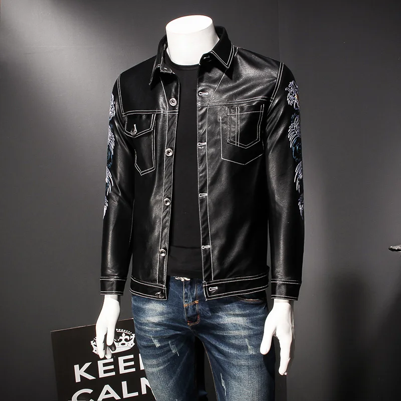 Latest Men's Jackets Faux Leather Black Suede Outwear Dragon Embroidery