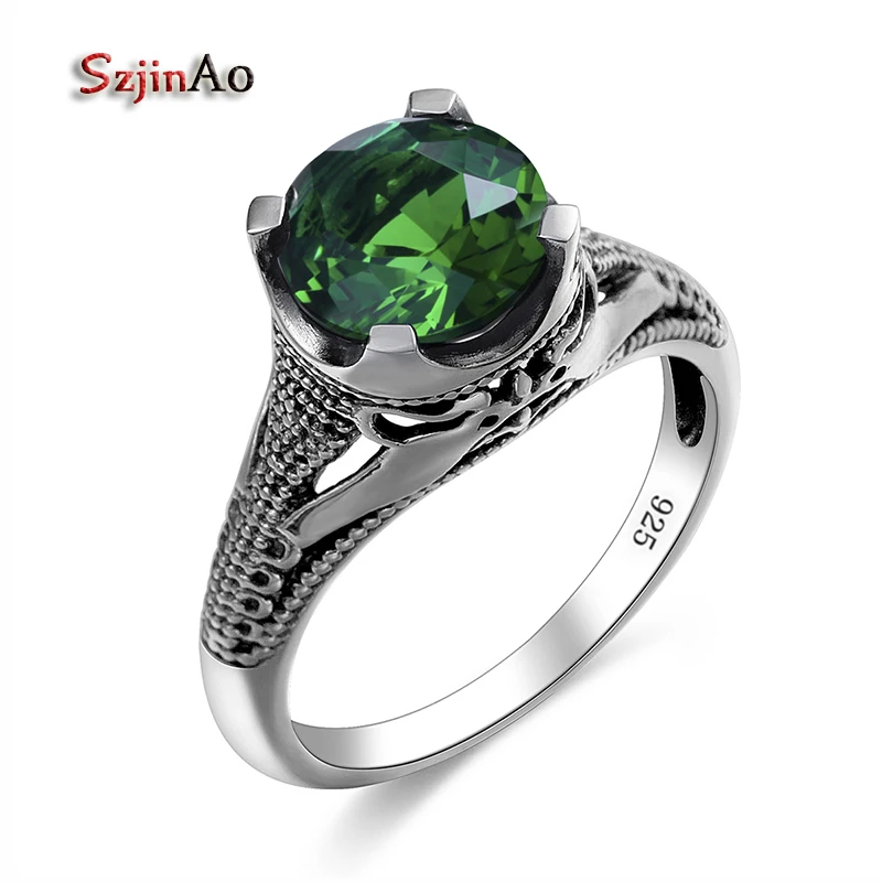 

Szjinao Designer Fashion 925 Sterling Silver Crown Ring Green Stone Emeald Vintage Wedding Decoration Lace Ring Wholesale