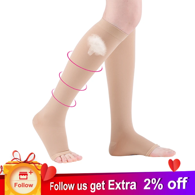 

Cofoe A Pair Medical Calf Compression Sleeve Compression Stocking 15-21mmHg Level 1 Varicose Vein Socks Unisex Beige & Black