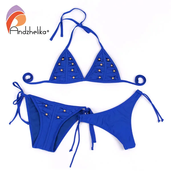 Andzhelika bikini женский купальник бикини с золотыми бусинами AK3303 - Цвет: Blue