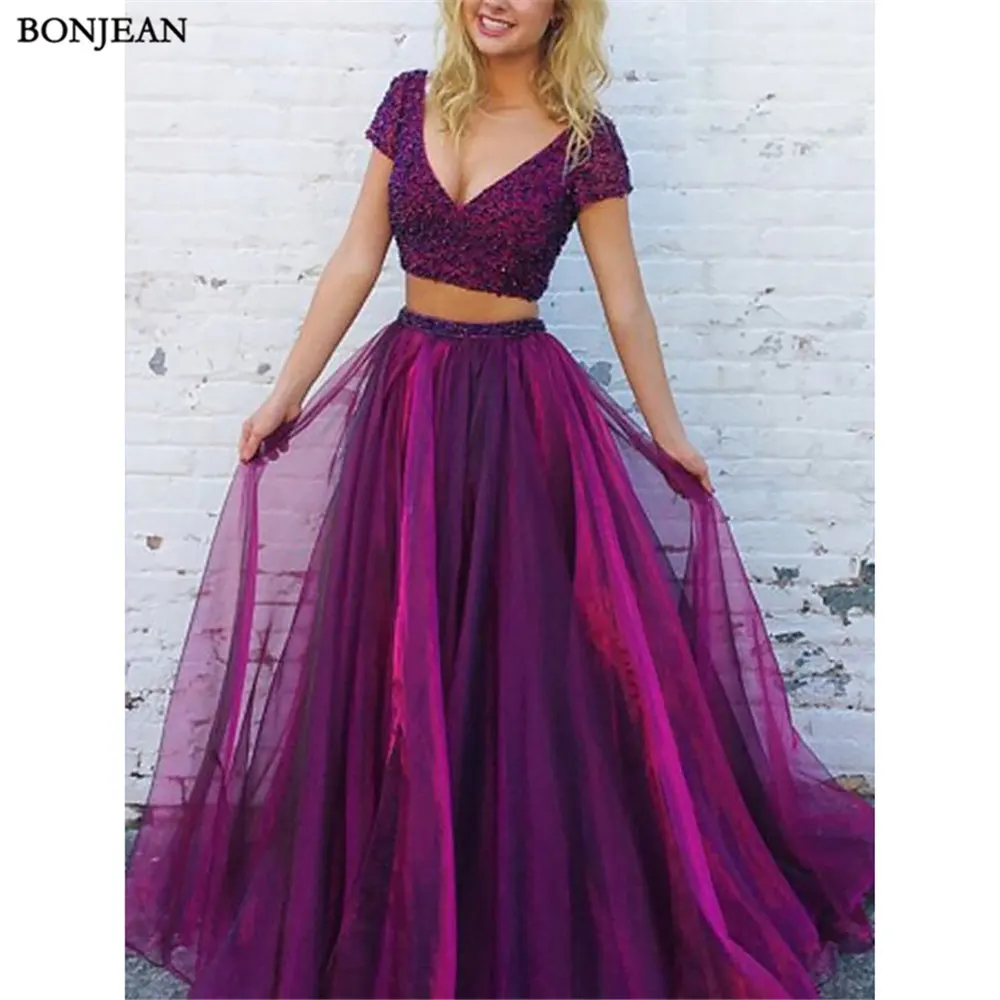 Princess V-Neck Short Sleeves Floor-Length Beading Tulle Two Piece Dresses