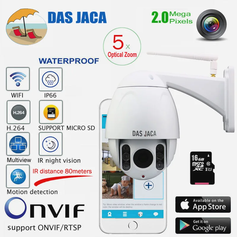 

Das Jaca 2mp Outdoor Camera Optical Zoom x5 WIFI PTZ Dome IP Surveillance Camera p2p 1080p FHD Night Vision CCTV Security Camera