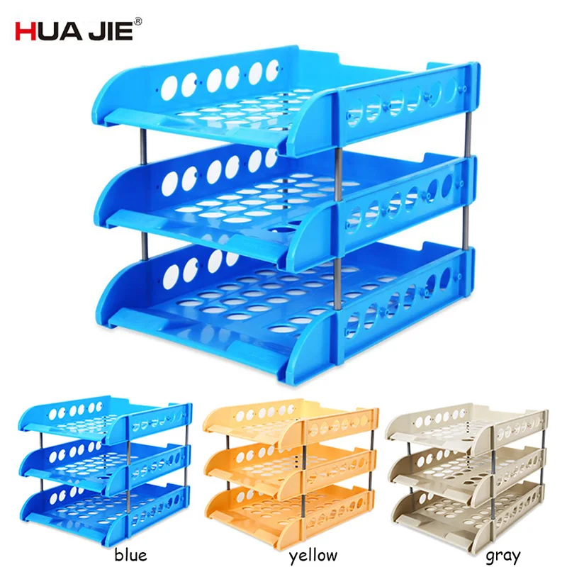 

HUA JIE 1pc Bookcase Office Info Rack Desktop Stackable A4 Plastic File Organizer Box Document Storage 3 Level Trays Bookshelf