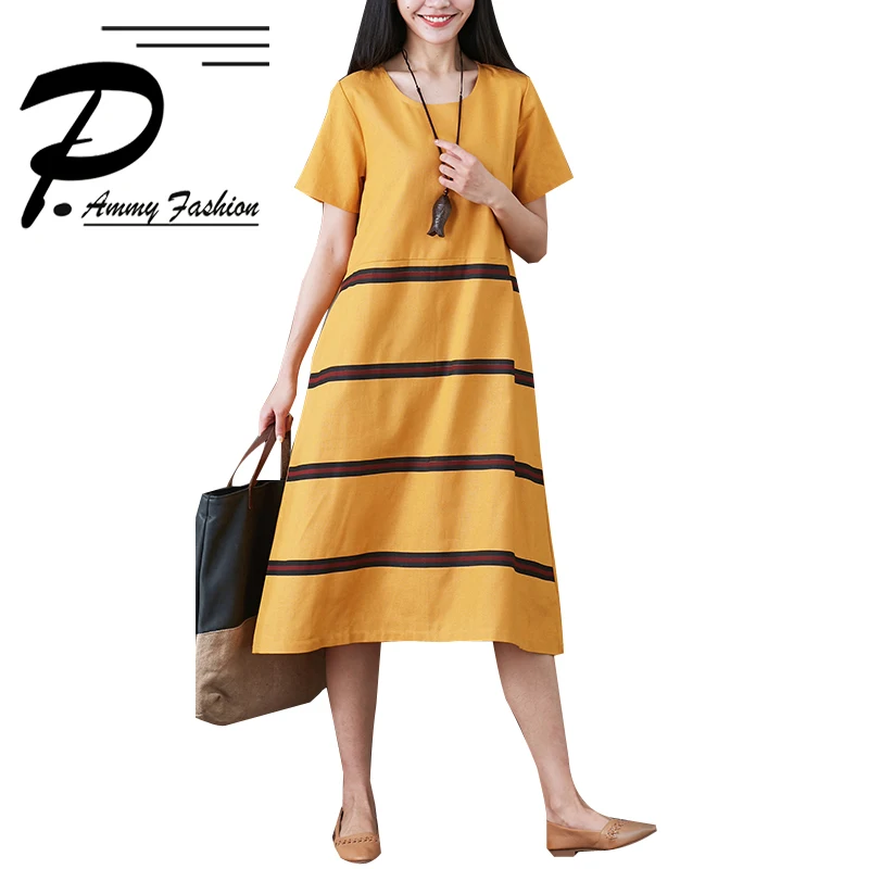Fashion Women's Oversized Color Matching Linen&ampCotton Jumper Dress 2018 Summer Short Sleeve Crew Neck Loose NEW |