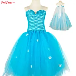 Шикарные детские платья принцессы Эльзы для девочек с фатиновой накидкой со снежинками, бирюзово-голубого цвета, Детские праздничные