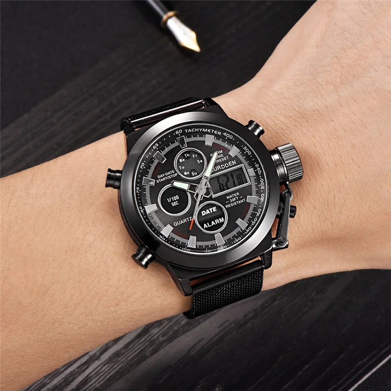 

CURDDEN Digital Dual Display Quartz Watch Man Mesh Steel Calendar Military Water Resistant Male Wristwatch Men's Sport Watches