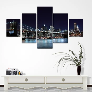 

S/L Size 5 Panels Bridge Night View Oil Painting Wall Art Pictures Home Decor Living Room Painting