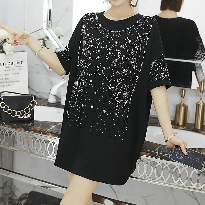 

Plus size clothing 2019 200 pounds Fat MM womens short sleeve beading loose long T-shirt tops L/XL/XXL/3XL/4XL