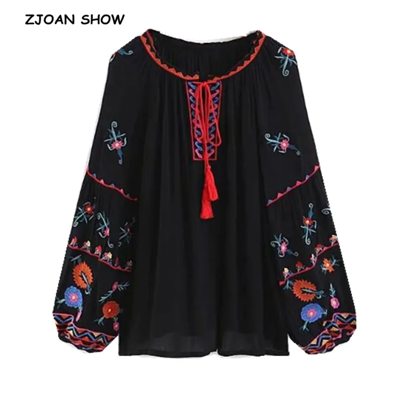 

Bohemian Lacing up tassel V neck Flower Embroidery Shirt Long Sleeve Pullover Blouse Tops blusa chemise femme 2018 Women new