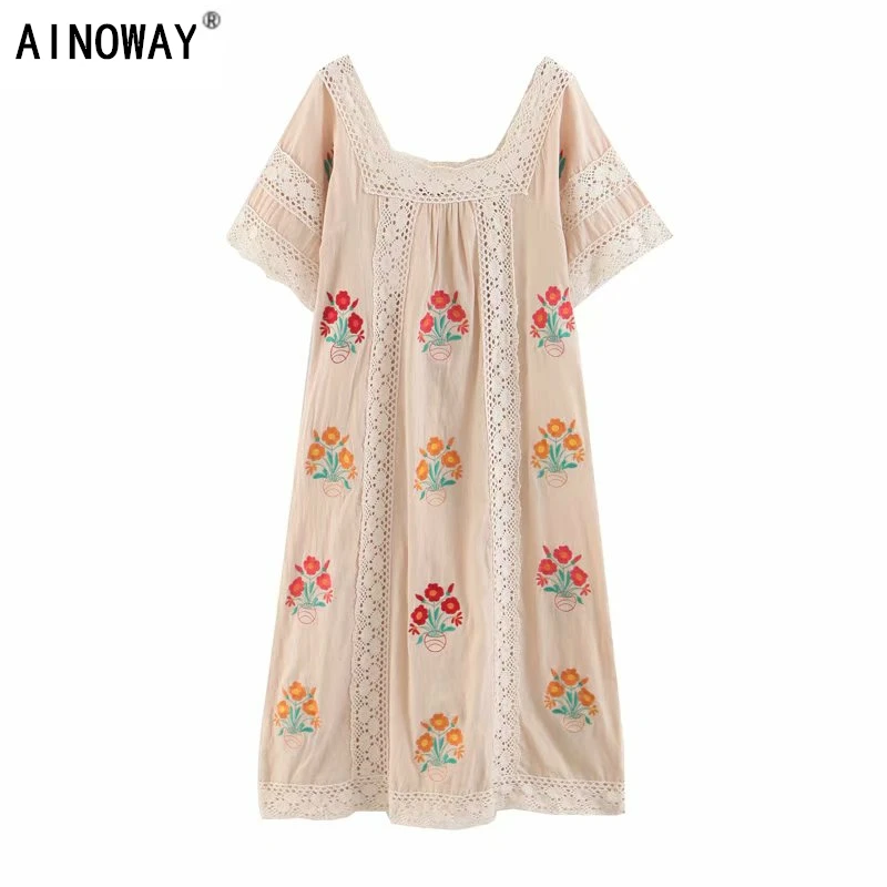 

Vintage chic women floral embroidery short sleeve beach Bohemian dress Ladies linen cotton quare collar midi dress