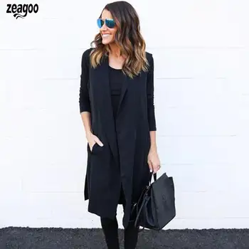 

Women Casual Sleeveless Solid Vest Lapel Knee Length Casual, Party Collar Pockets, Wrap with Belt