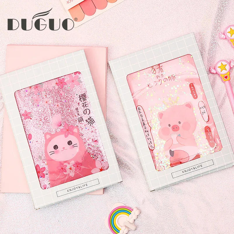 

DUGUO Cute Stationery Girl Flowing Gold Handbook Creative Notebook Student Portable Diary Pink Notepad Kawaii School Suppli
