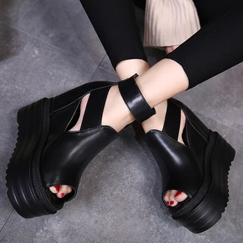 

2019 new Korean within increase wedges thick-soled platform muffin women's shoes 14 cm super high heel hollow fish mouth sandals