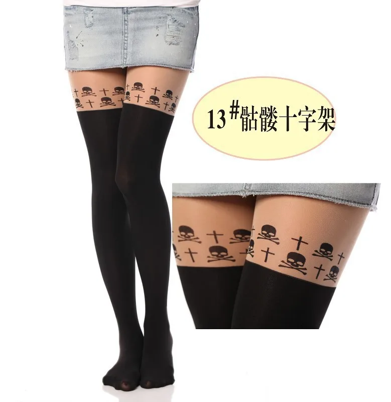 Новые модные женские нейлоновые колготки до колена с милым котиком Тоторо, 16 видов стилей чулки с татуировкой, сексуальные колготки выше колена для девочек - Цвет: 4 Skeleton