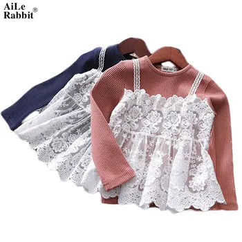 

AiLe Rabbit 2018 Spring New Girl Long-sleeved T-shirt Fake Two-piece Bottoming Shirt Thread Round Neck Lace Blouse Kids Clothes