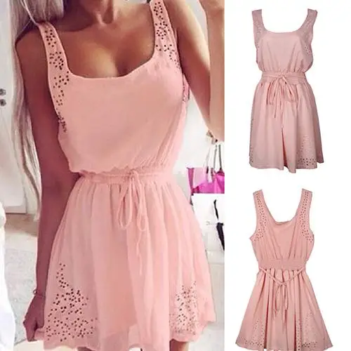 

Women Fashion Hollow Dot Sleeveless Slim Fit Dresses Mini Basic Dress
