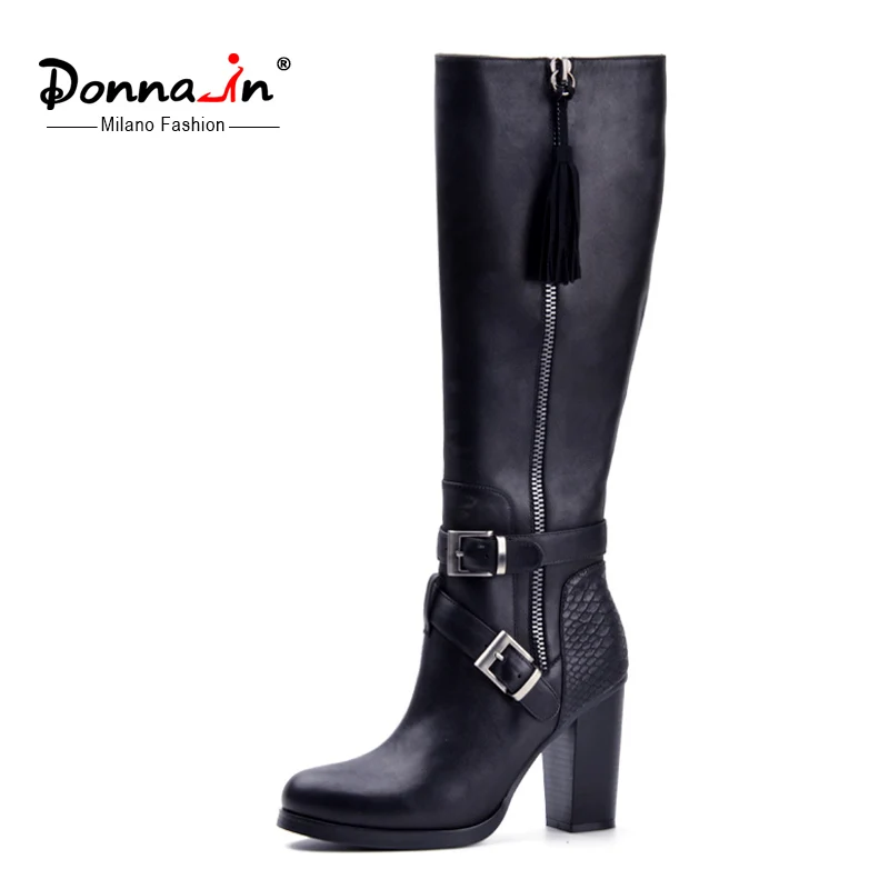 Donna-in 2018 new style winter boots fringe high boots real leather woman shoes high and thick heel calf leather ladies boots